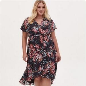 Torrid Faux Wrap Hi-Low Midi Dress Swiss Dot Floral Dark Gray and Pink L/12/0